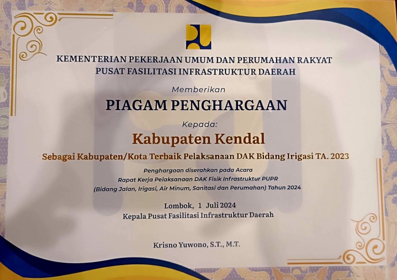 Kendal Raih Penghargaan Kabupaten Terbaik Pelaksanaan DAK Fisik Infrastrukt